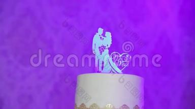 装饰精致的金属<strong>小新</strong>郎雕像，新娘穿着婚纱，在蛋糕的上方反射光线
